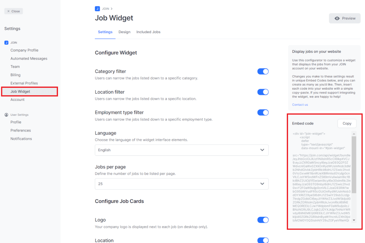 screenshot showing how to access the job widget area