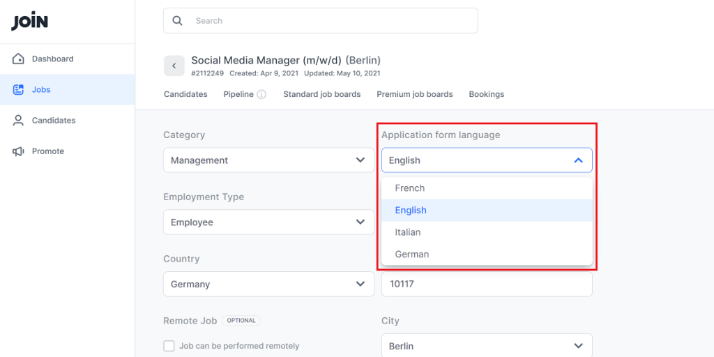 screenshot showing how to specify application form language