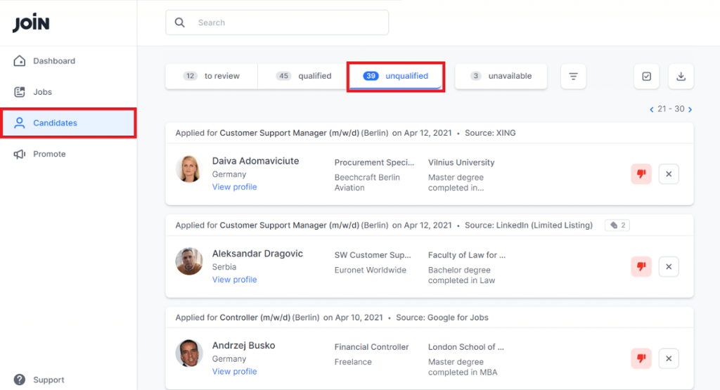 Screenshot showing how to manage candidates