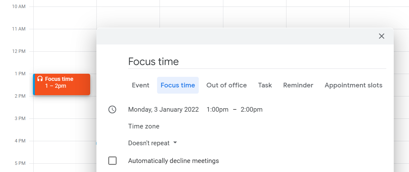 Screenshot showing how to set focus time in Google Calendar as part of proper calendar etiquette