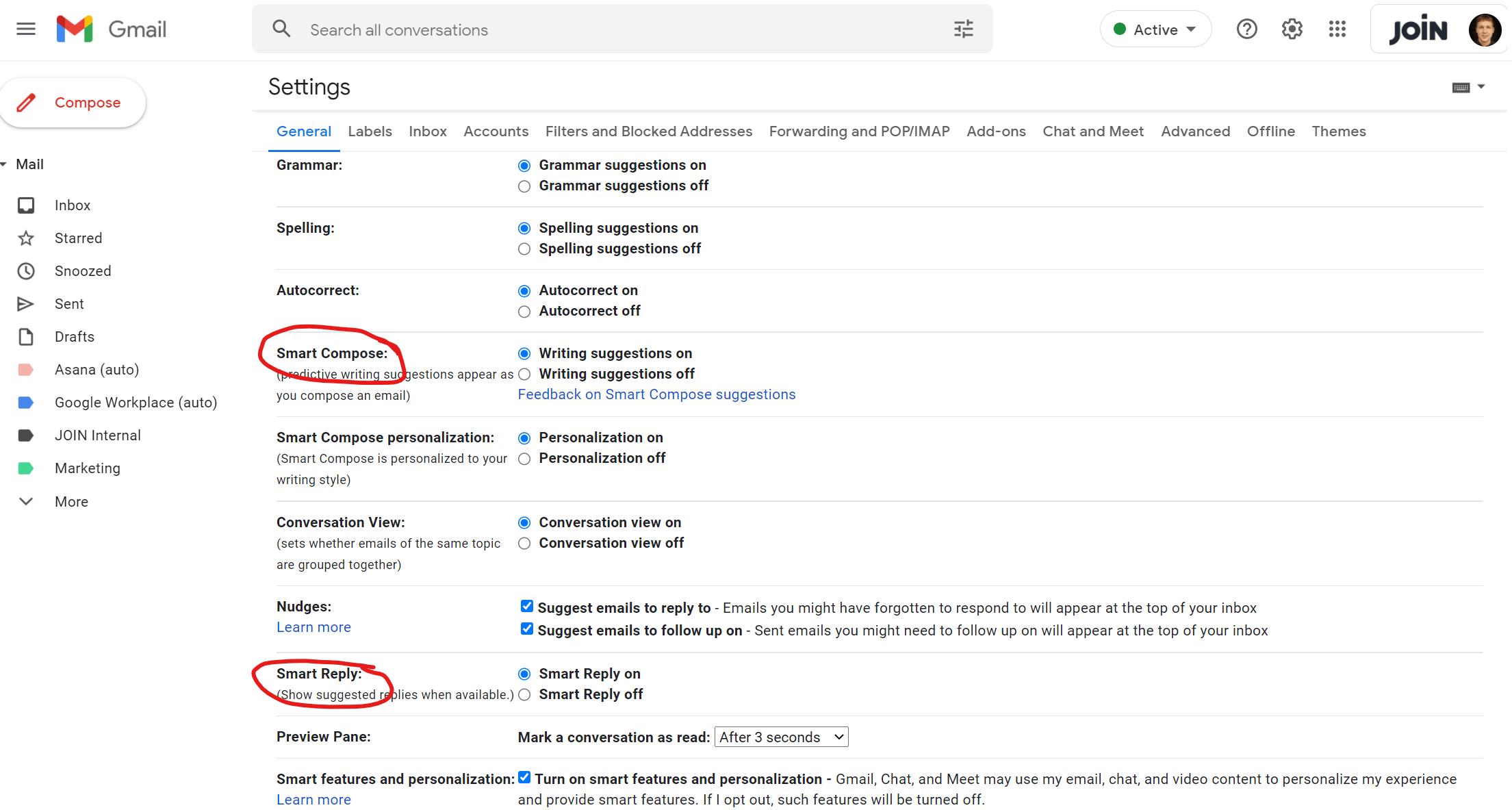 Screenshot of Gmail’s Settings menu with two drawn circles highlighting the mentioned email tricks