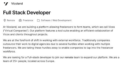 Screenshot of Vicoland job ad
