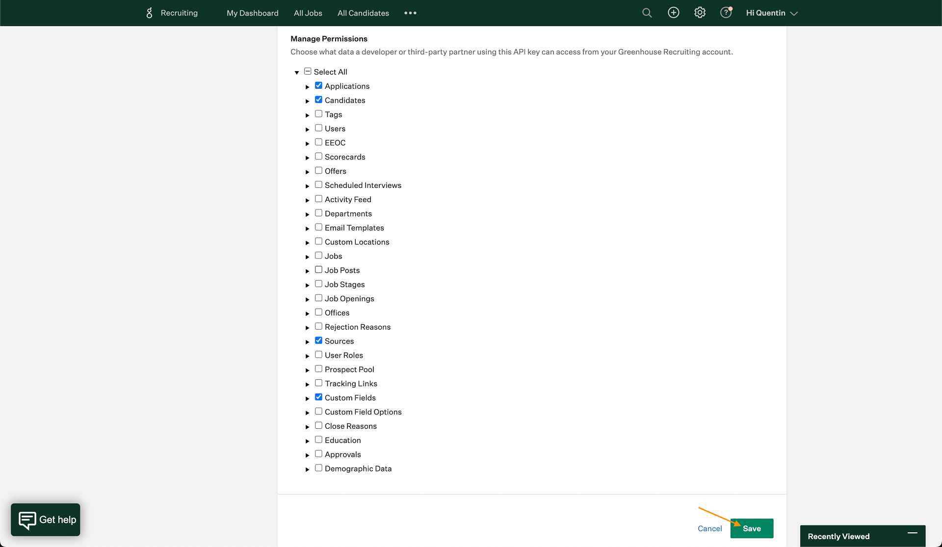 Greenhouse Screenshot showing how to manage api key permissions