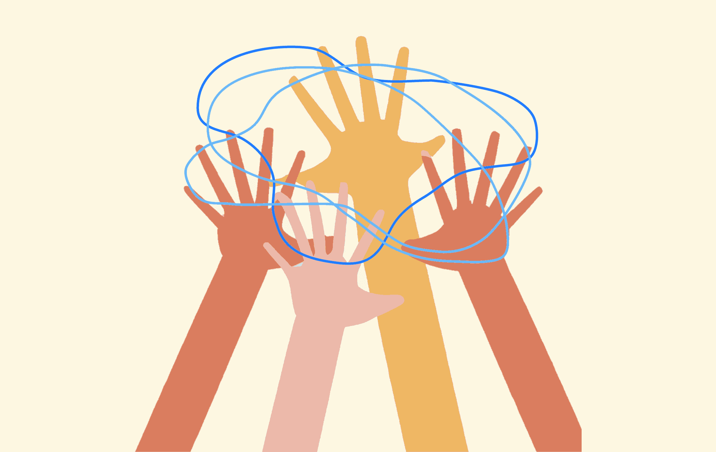 A sketch of several hands raised in the sky creating a concept