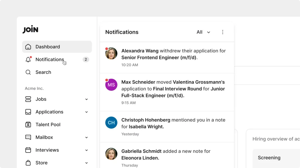 Notifications feature interfaz at Join.com