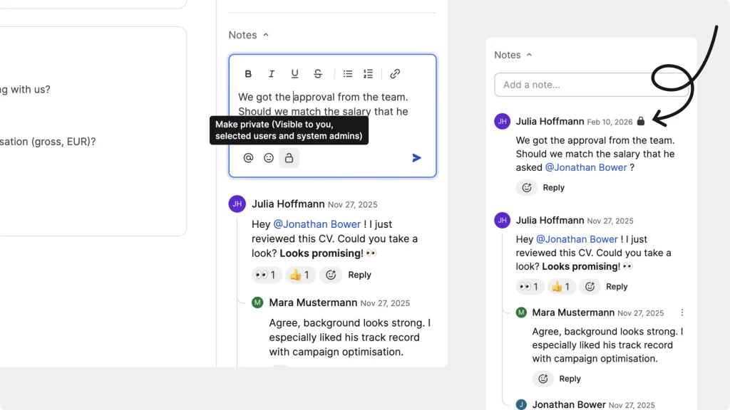 Notes feature interfaz at Join.com
