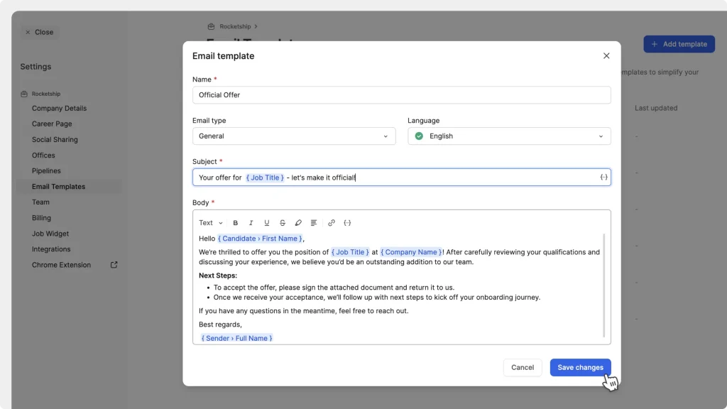 Email templates feature interfaz at Join.com