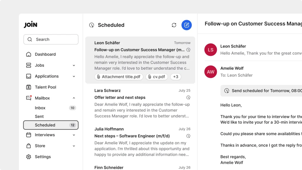 Email Messaging feature interfaz at Join.com