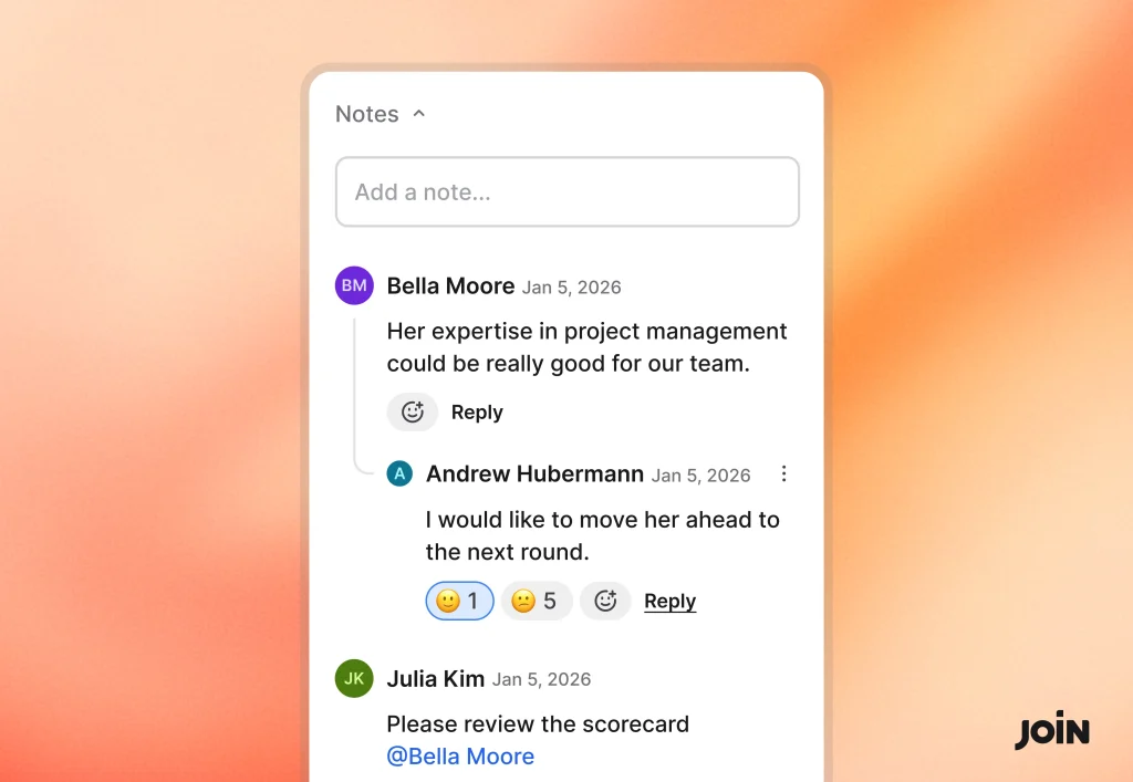 JOIN ATS candidate tracking interface showing hiring team notes and collaboration on a candidate profile