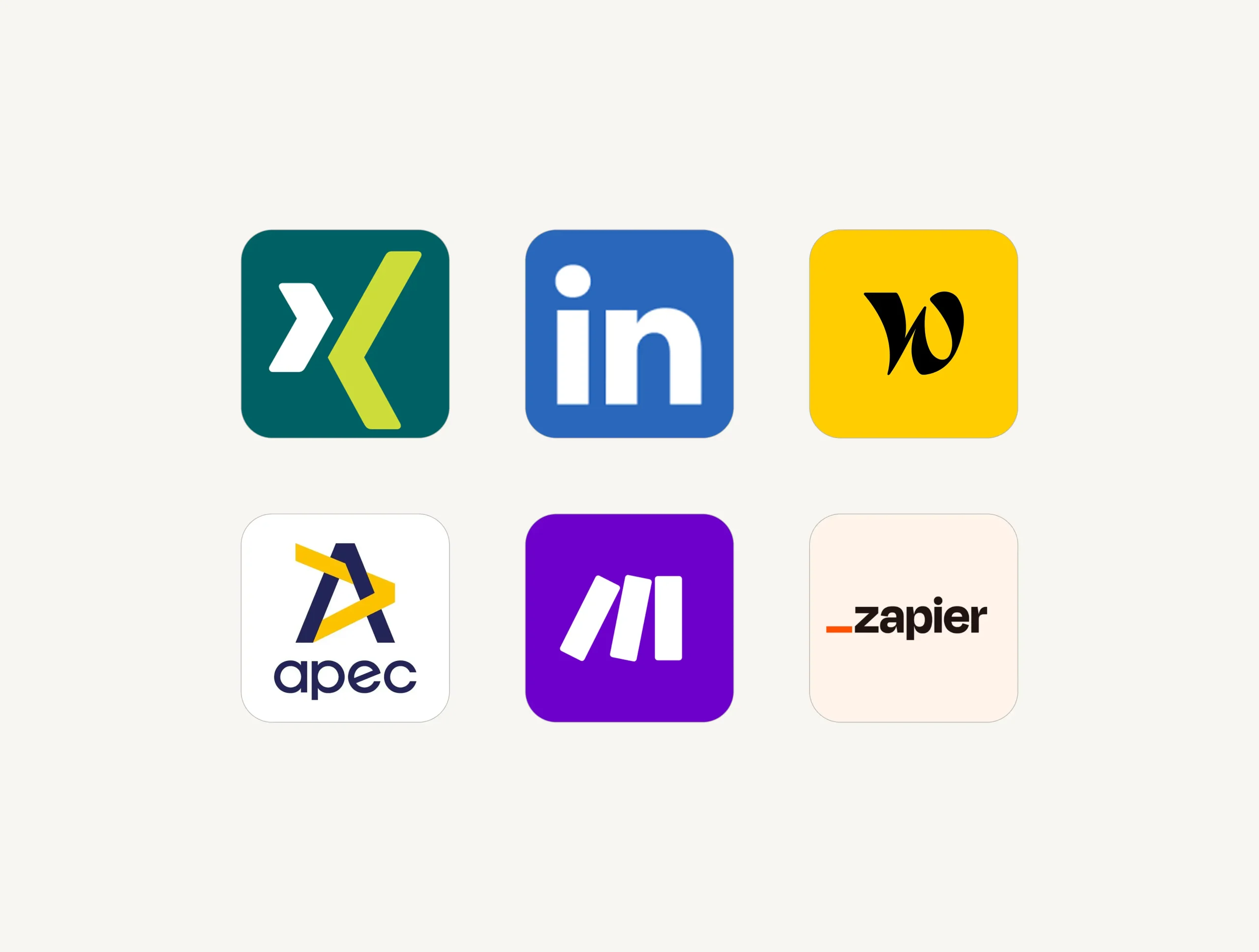 Logos of JOIN's integrations: XING, LinkedIn, Wix, Apec, Make, and Zapier
